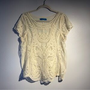 Cream Lace Embroidered Sheer Top M/L Boho Festival Beach Cover Up Cotton Blend